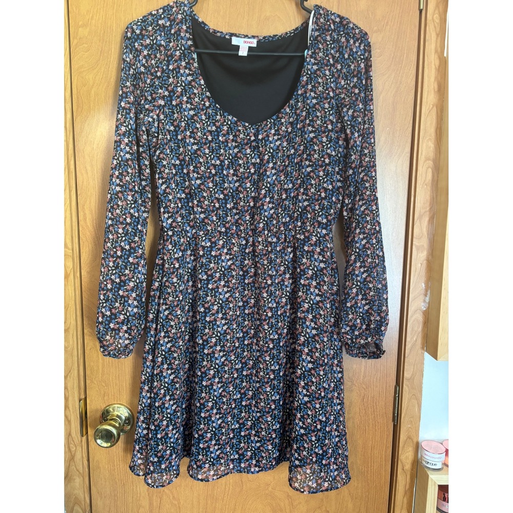 Y2K Bongo Jrs Floral Long Sleeve Mini Dress Black Blue Red Ditsy Print Size 7